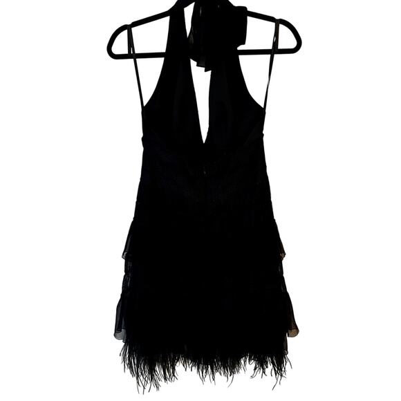 Vintage BCBG Feather Trim Halter Dress | Size 8 | Black Cocktail Party Dress - Picture 4 of 5